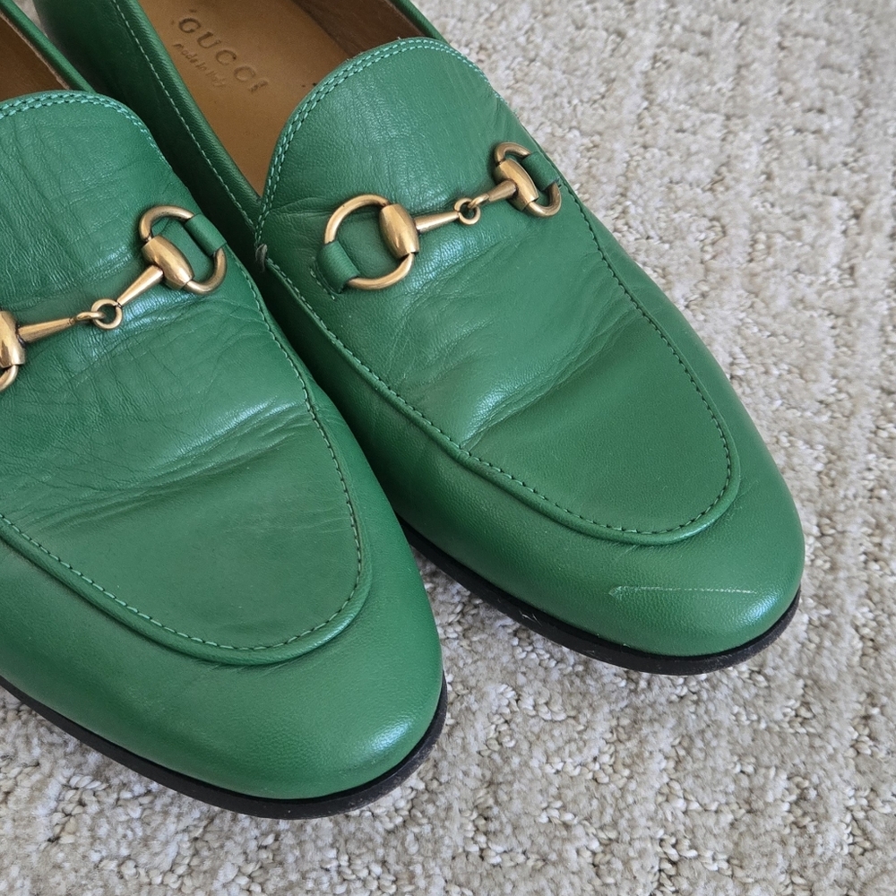 Gucci Green Leather Loafers with Gold Hardware